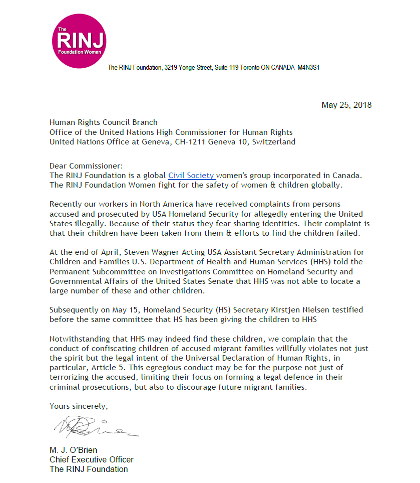 Complaint: UN Human-Rights Commission Letter re Confiscated Children of Migrants (USA) 