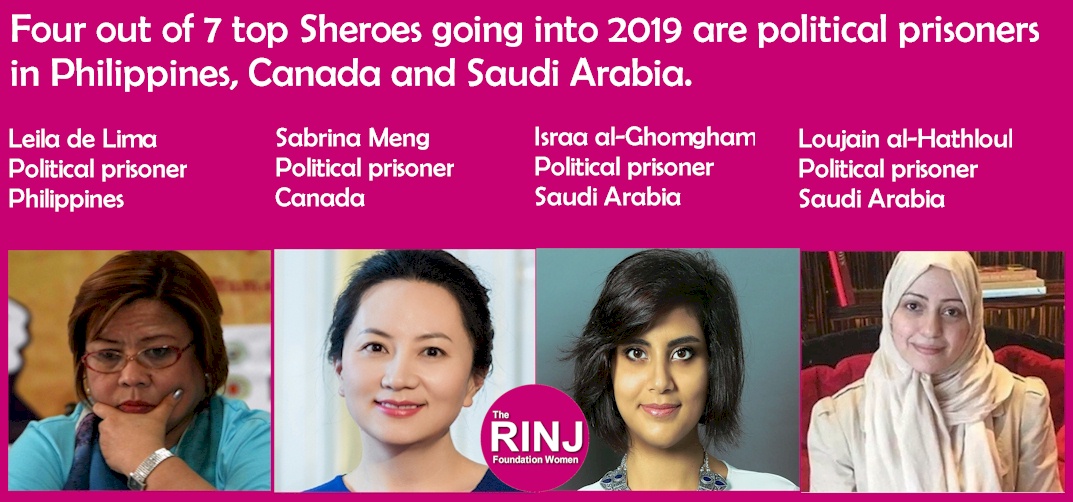 Four out of 7 top Sheroes going into 2019 are political prisoners in Philippines, Canada and Saudi Arabia.