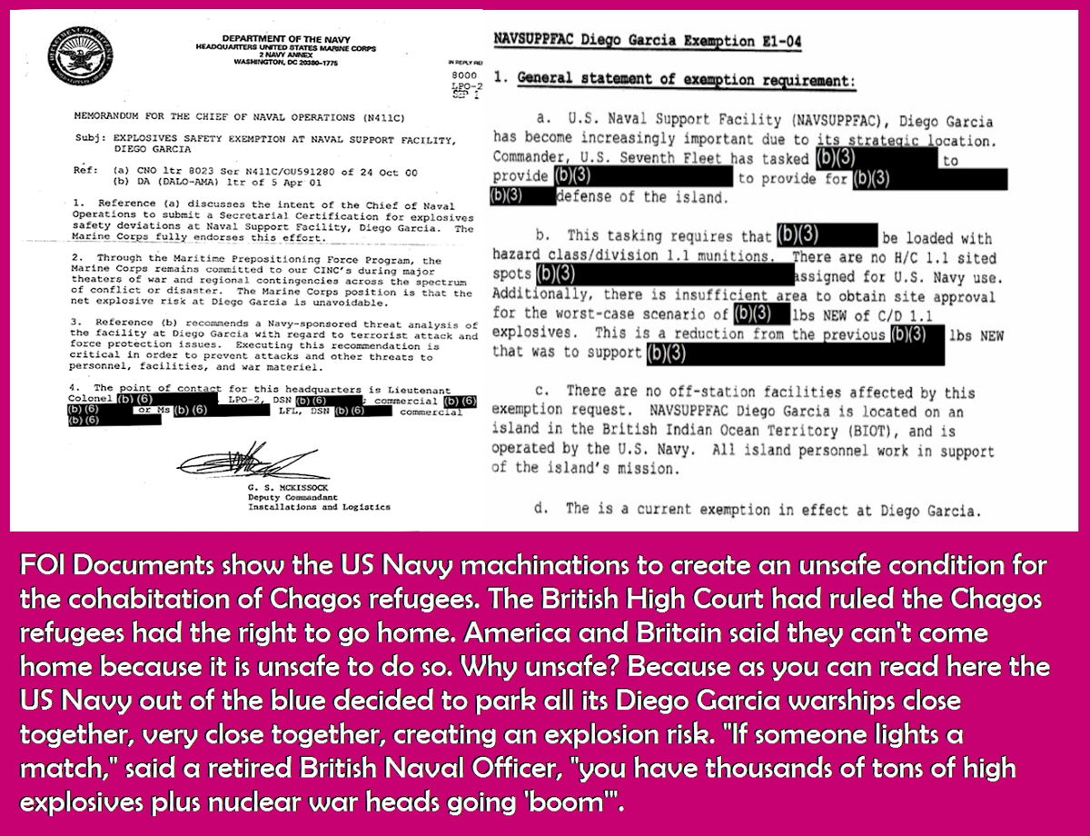 FOI Documents show the US Navy machinations to create an unsafe condition for the cohabitation of Chagos refugees.